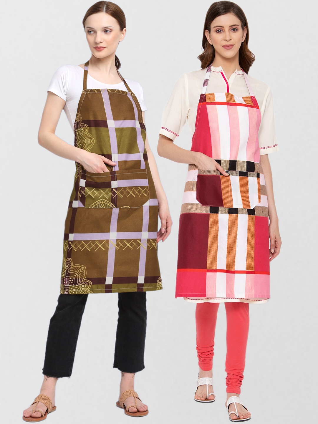 

KLOTTHE Unisex Pack Of 2 Printed 210TC Cotton Aprons, Camel brown