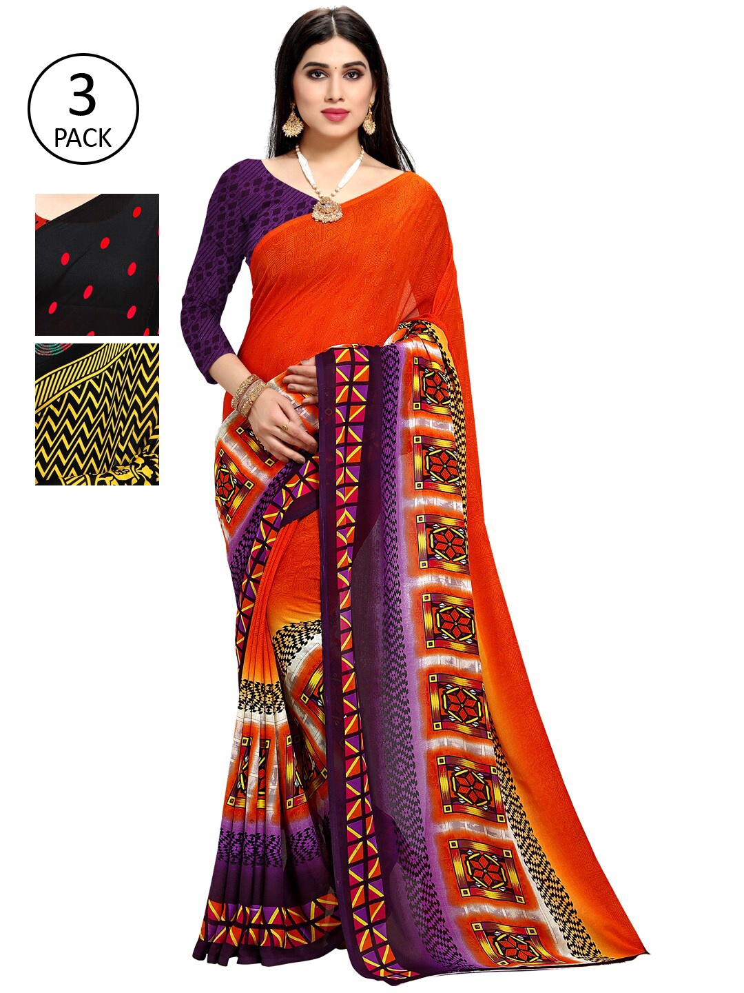 

KALINI Women Pack of 3 Printed Sarees, Black