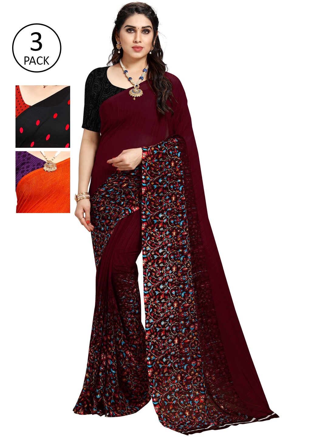 

KALINI Women Pack of 3 Printed Sarees, Red