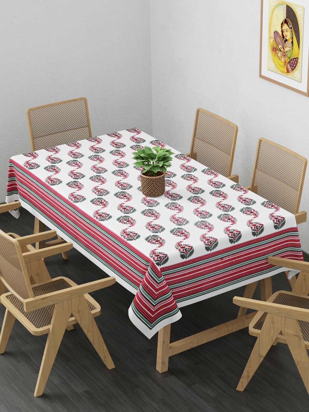 

Clasiko White & Red Floral Printed Cotton 6-Seater Rectangle Table Cloth