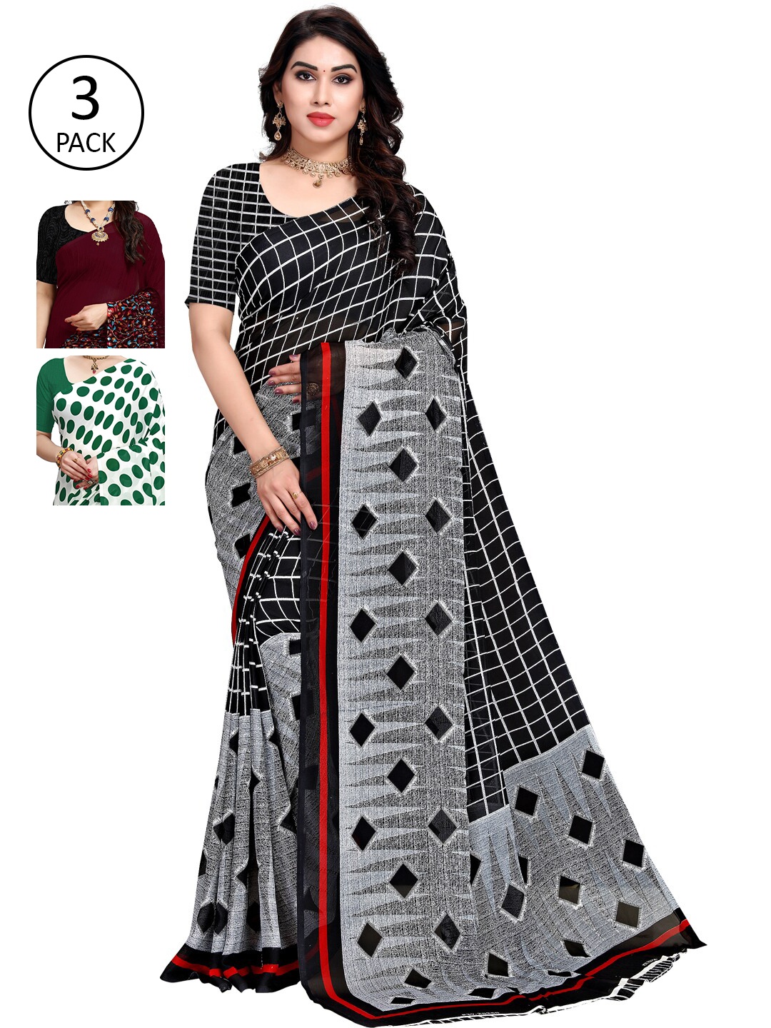 

KALINI Pack of 3 Poly Georgette Sarees, White