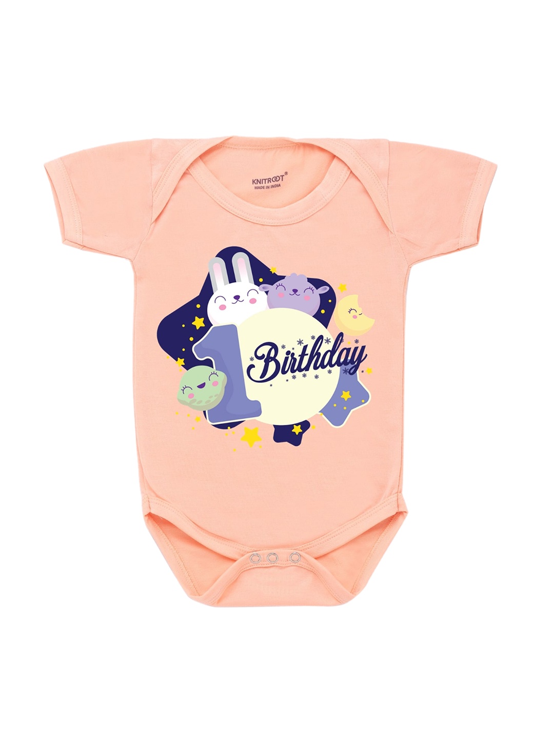 

KNITROOT Infants Kids Peach-Coloured Birthday Printed Bodysuit