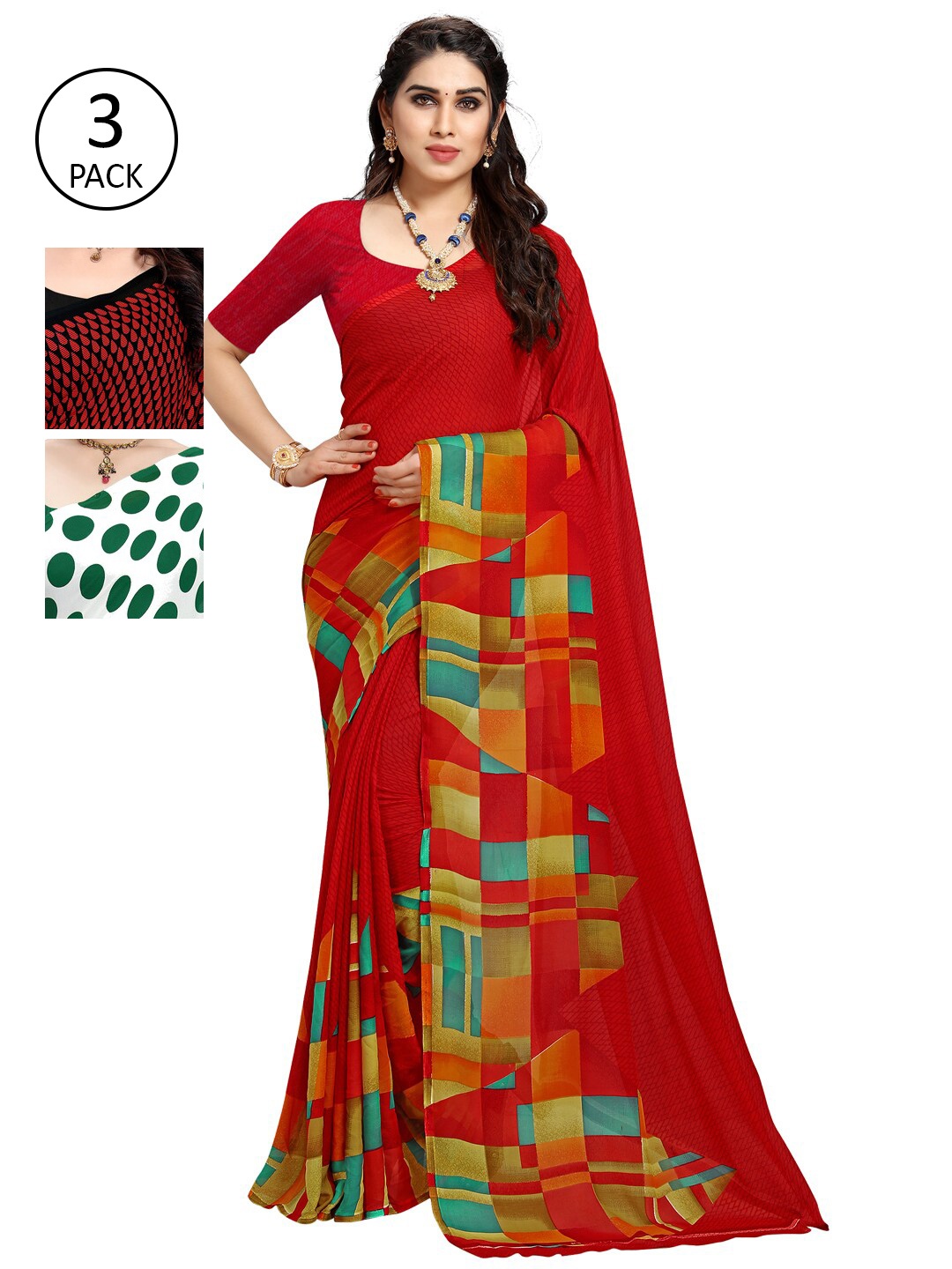 

KALINI Pack of 3 Poly Geirgette Printed Sarees, White