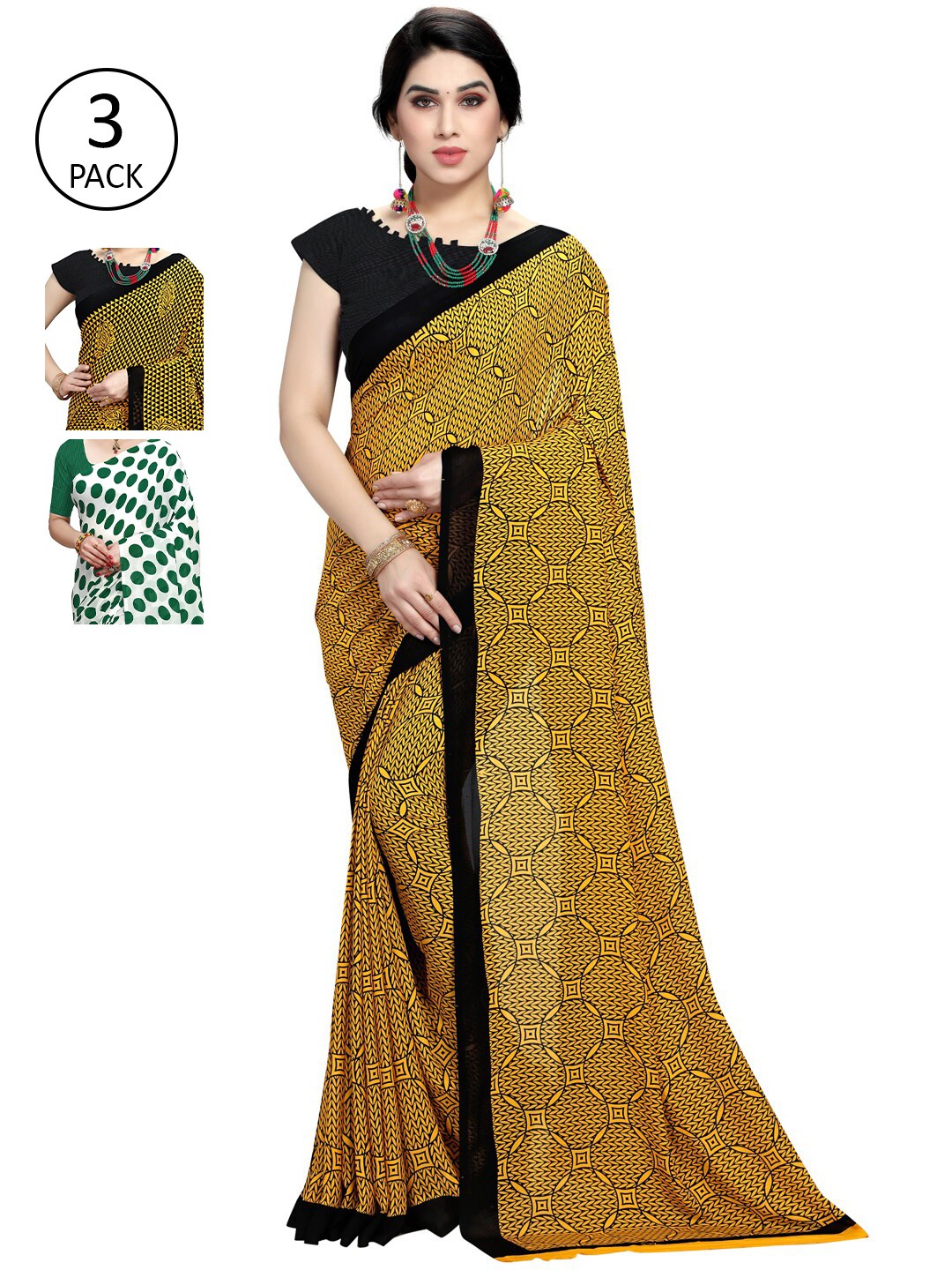 

KALINI Pack Of 3 Poly Georgette Printed Sarees, Yellow