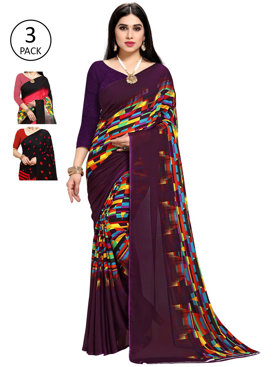 

KALINI Pack of 3 Poly Georgette Printed Sarees, Purple
