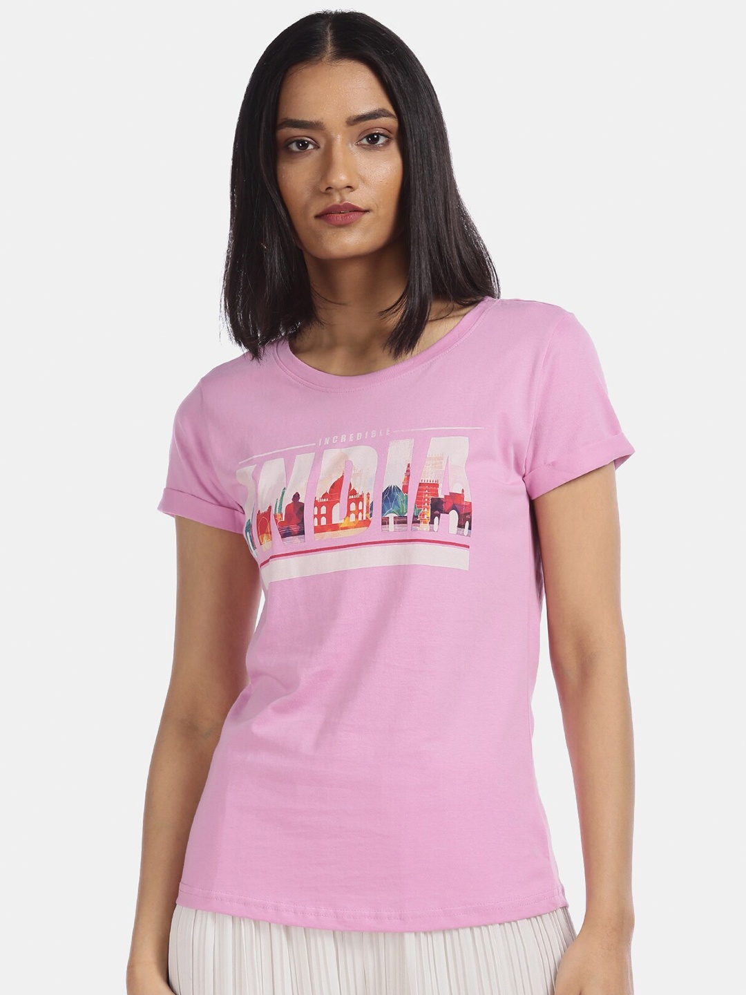 

Sugr Women Pink Printed Drop-Shoulder Sleeves T-shirt