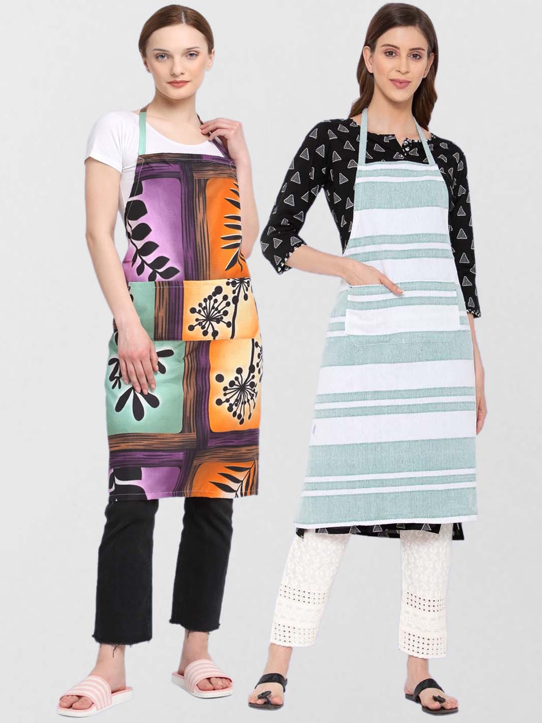 

KLOTTHE Unisex Pack Of 2 Printed Cotton 210 TC Aprons, Green