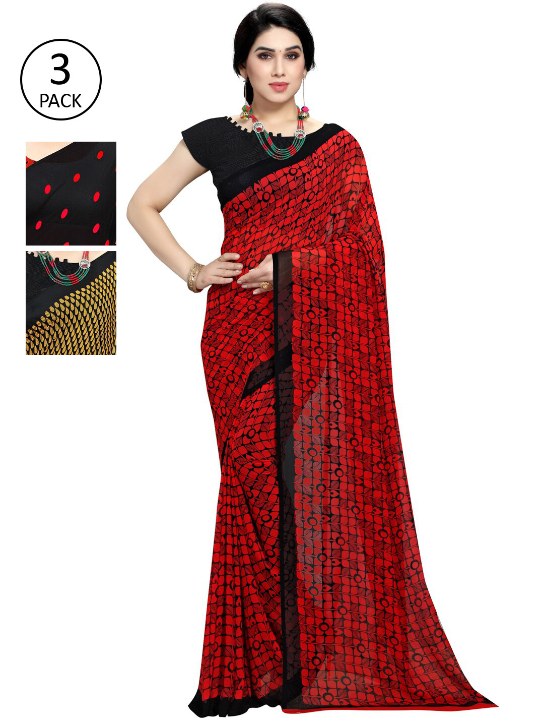 

KALINI Black & Red Pack of 3 Printed Saree