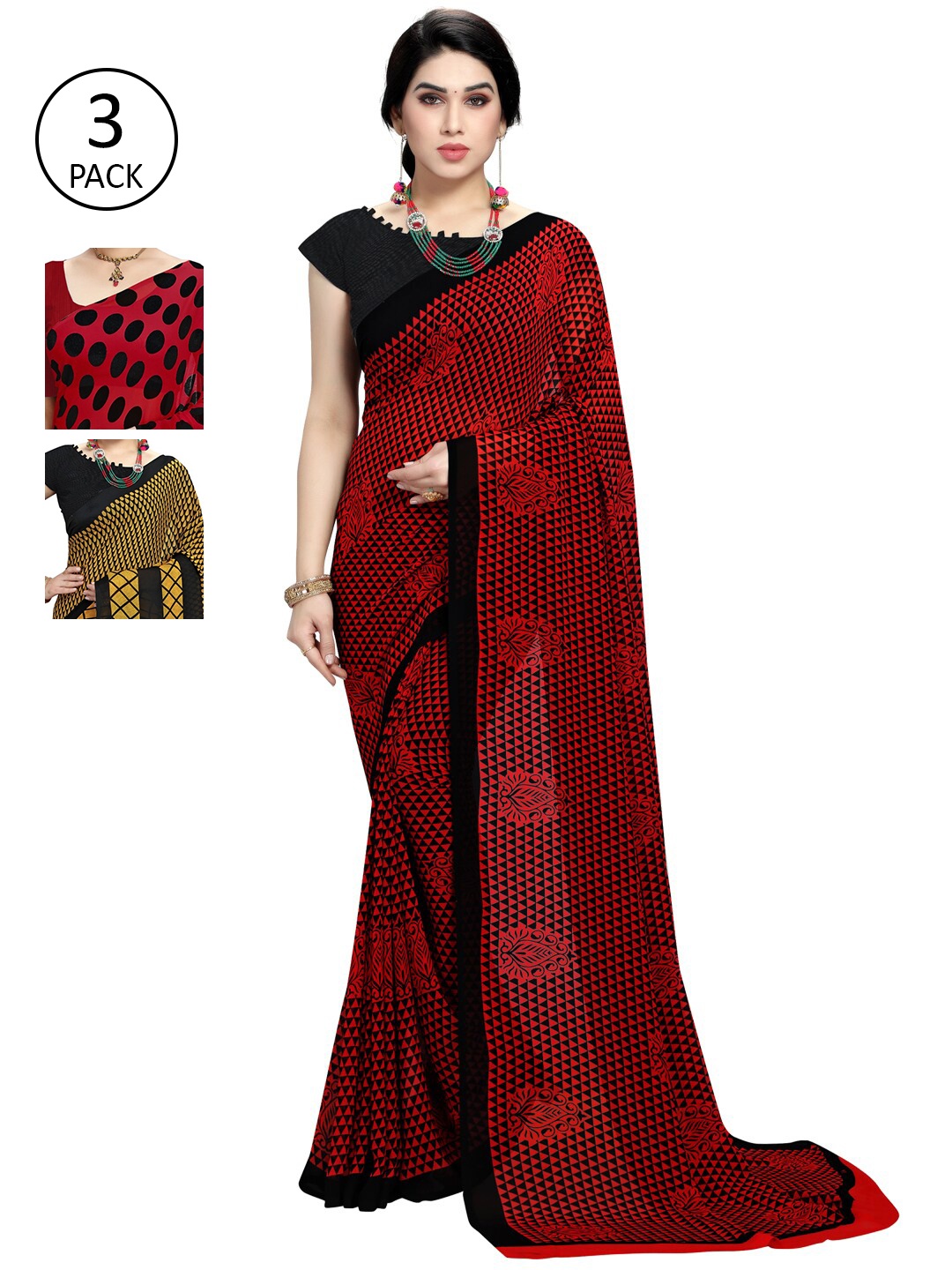 

KALINI Red & Black Pack of 3 Printed Saree