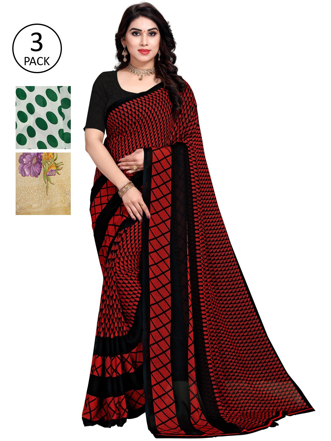 

KALINI Women Pack of 3 Printed Poly Georgette Sarees, Green