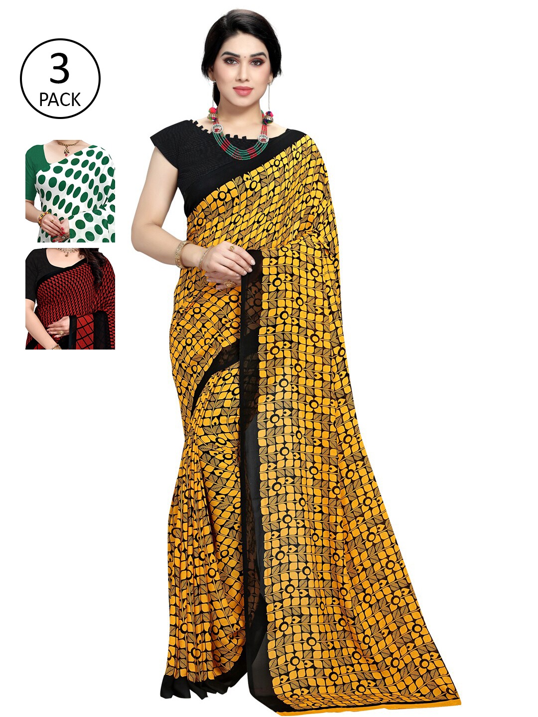 

KALINI Pack of 3 Poly Geirgette Printed Sarees, Yellow