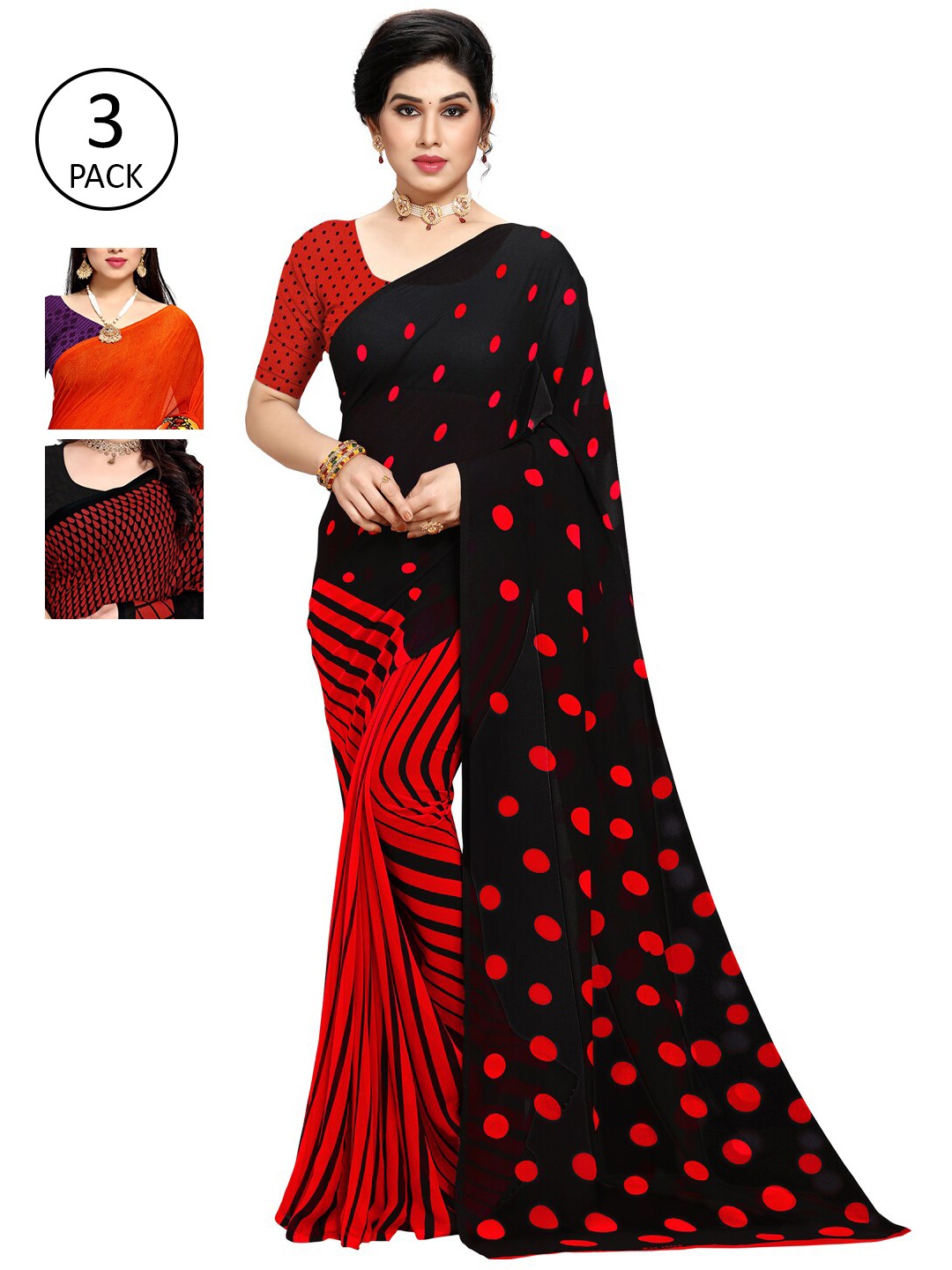 

KALINI Women Pack of 3 Printed Sarees, Red