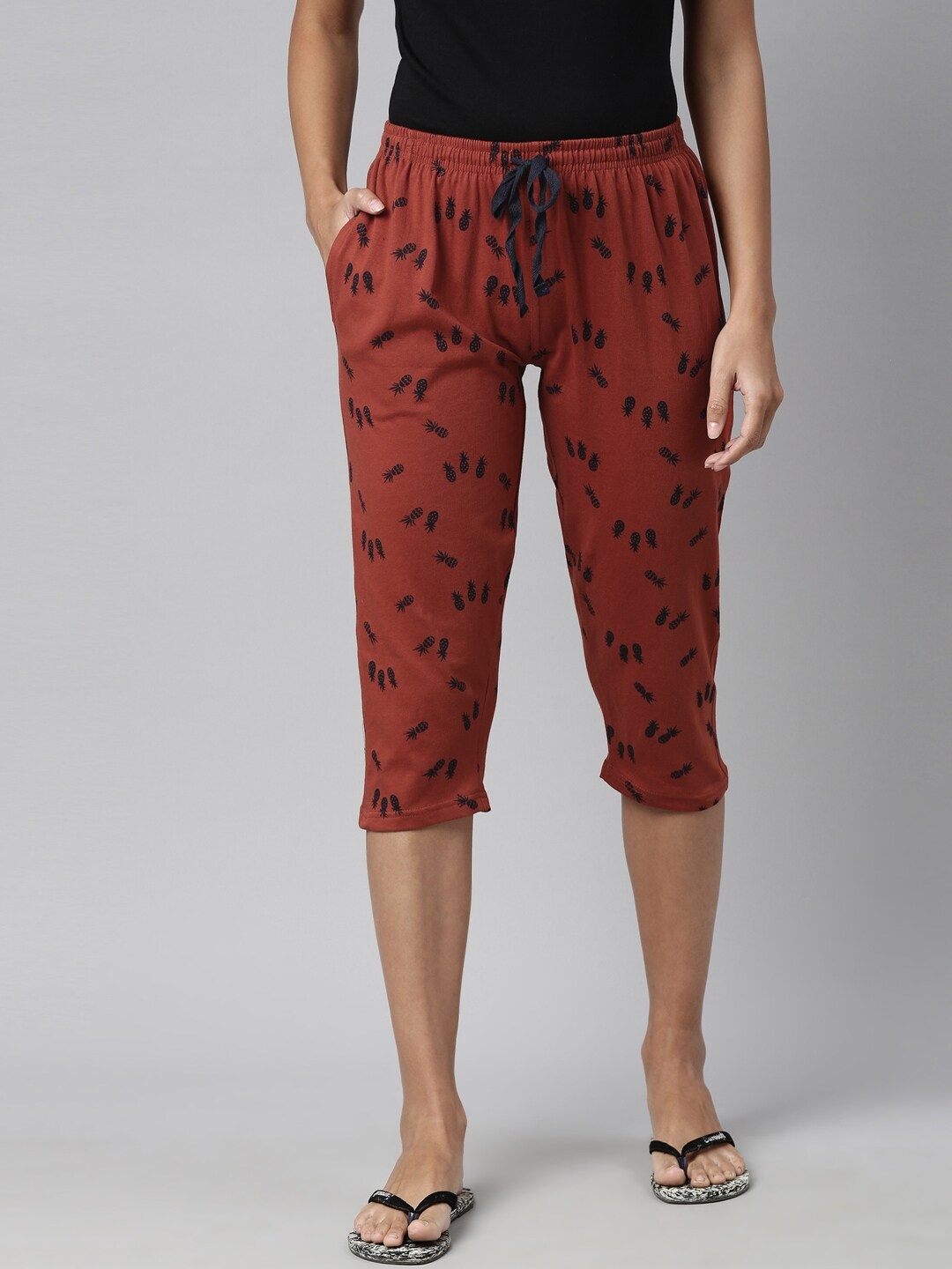 

Kryptic Women Rust & Black Printed Cotton Capris