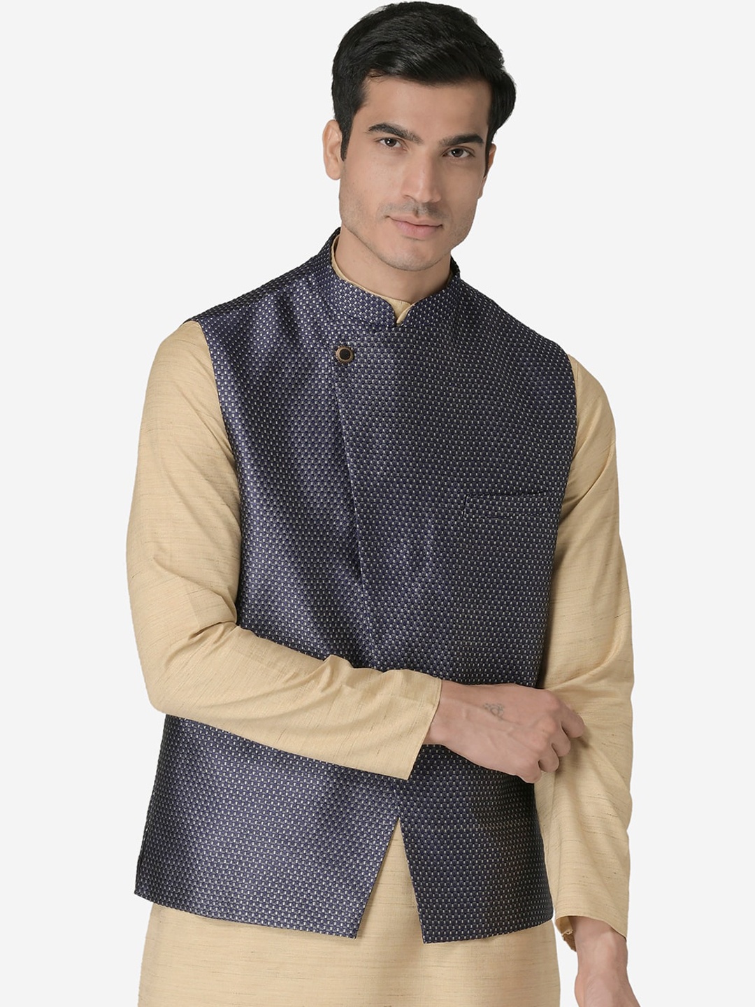

TABARD Men Navy Blue & Grey Woven Design Nehru Jacket