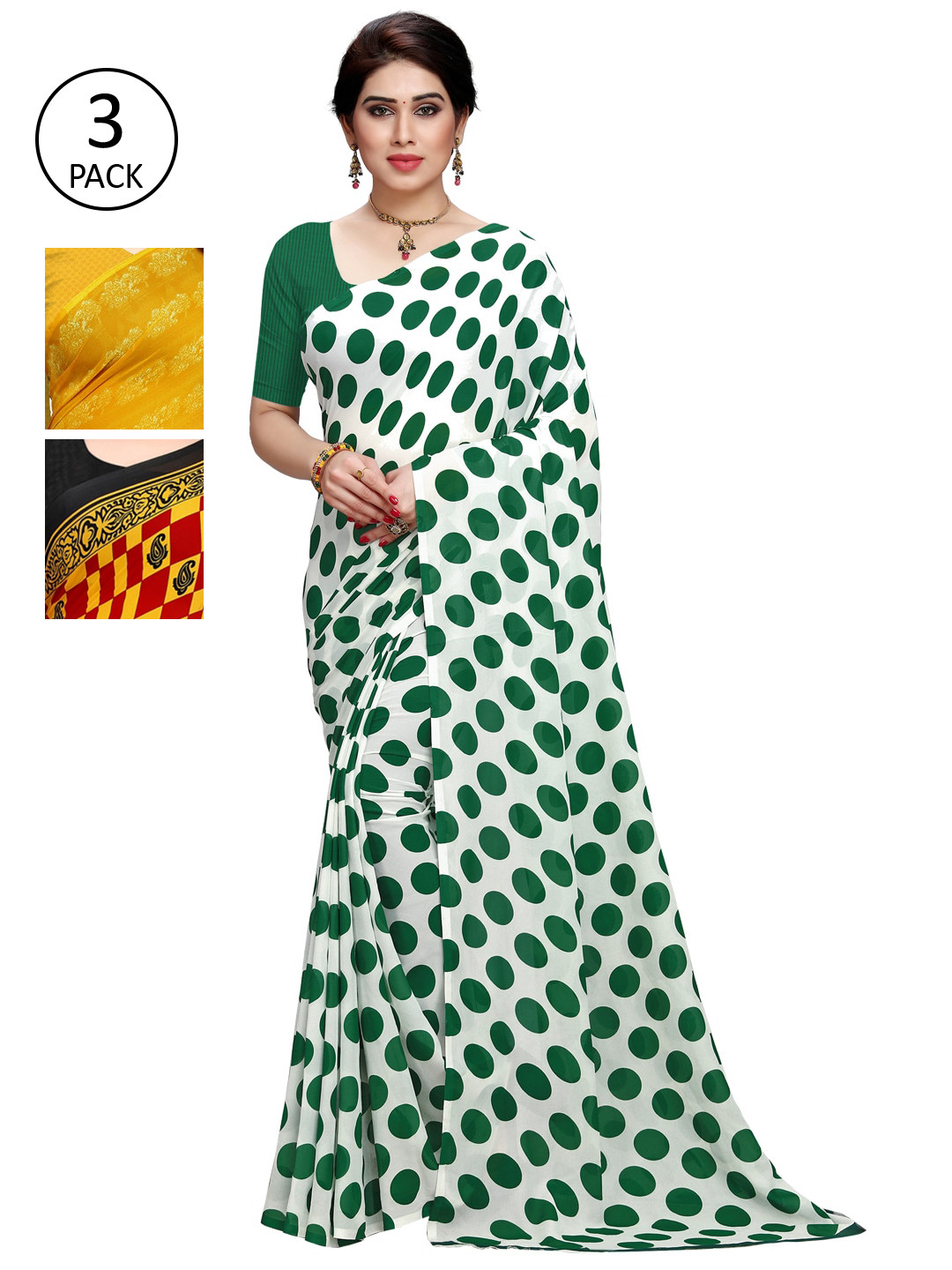

KALINI Pack Of 3 White & Green Saree