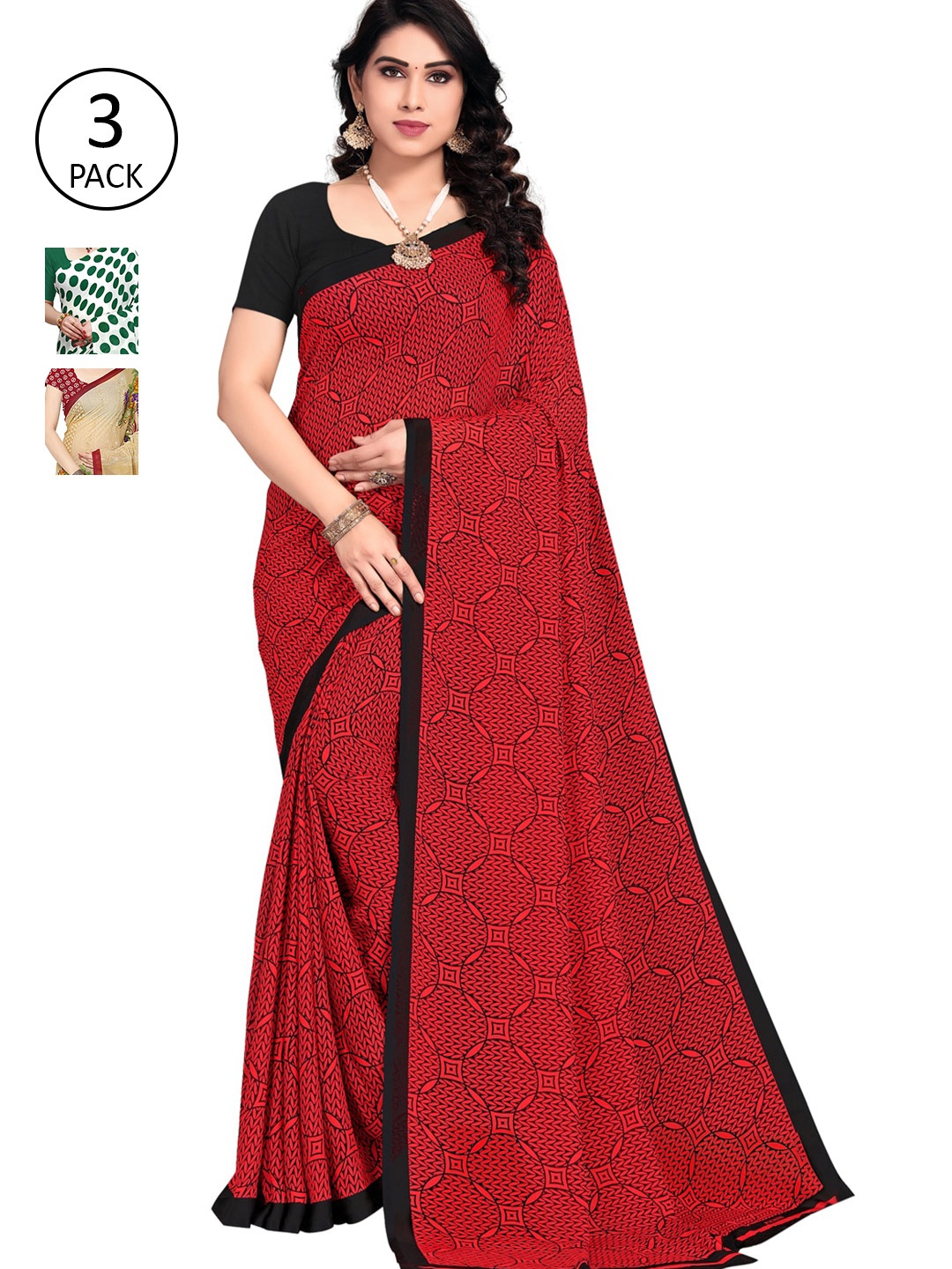 

KALINI Women Pack of 3 Printed Poly Georgette Sarees, White