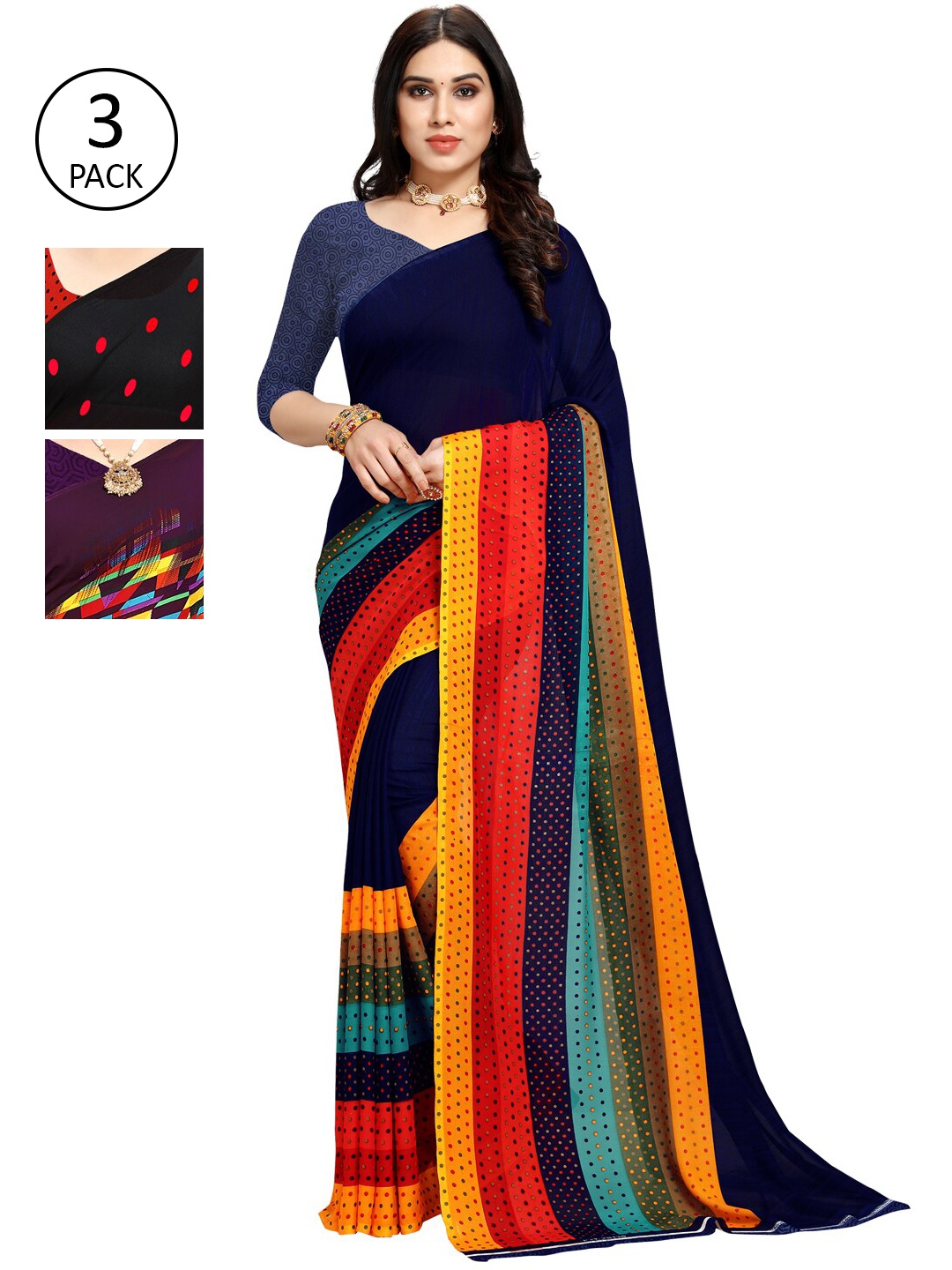 

KALINI Pack of 3 Poly Georgette Sarees, Red