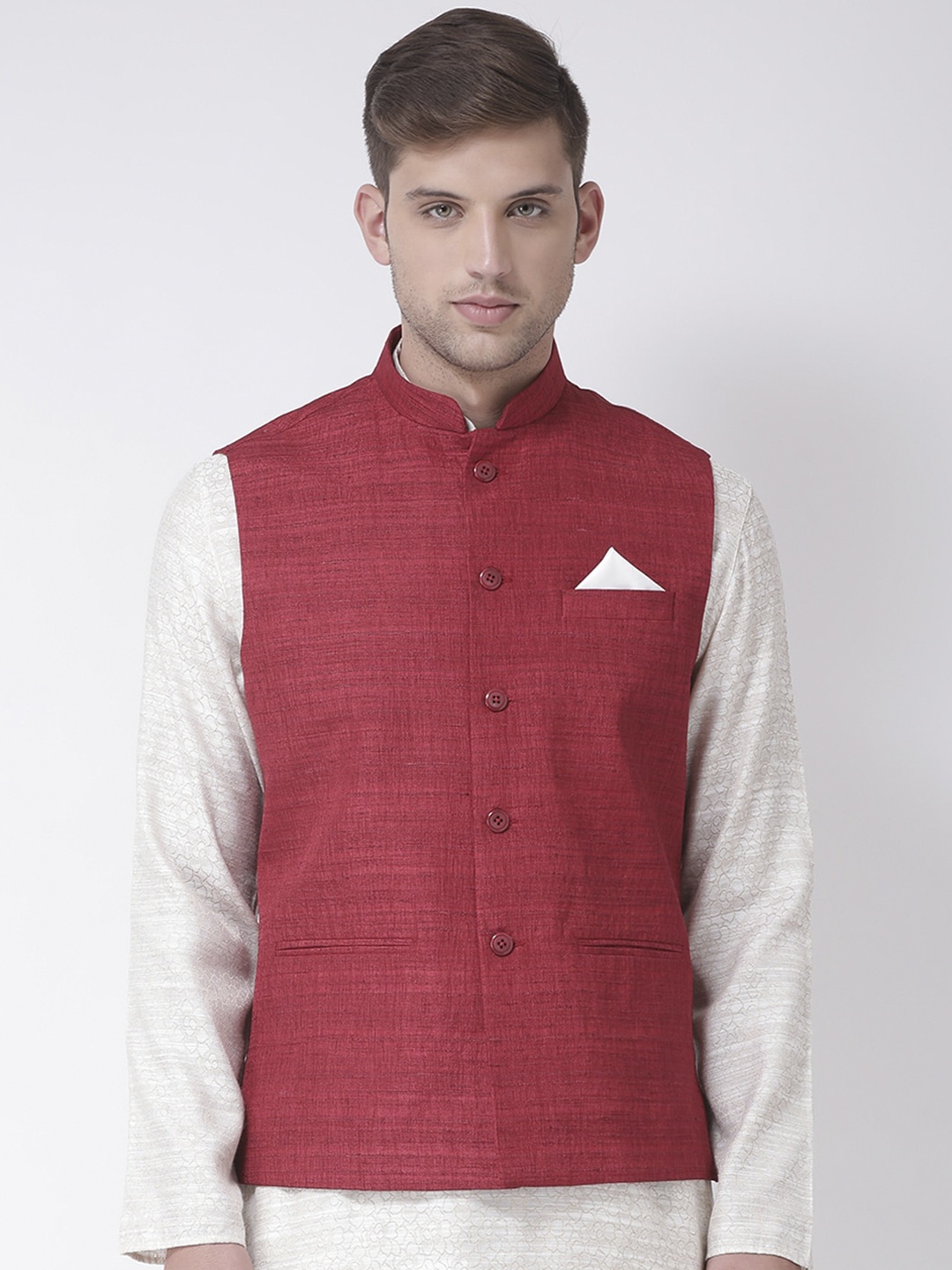 TABARD Men Maroon Woven Design Pure Silk Nehru Jacket