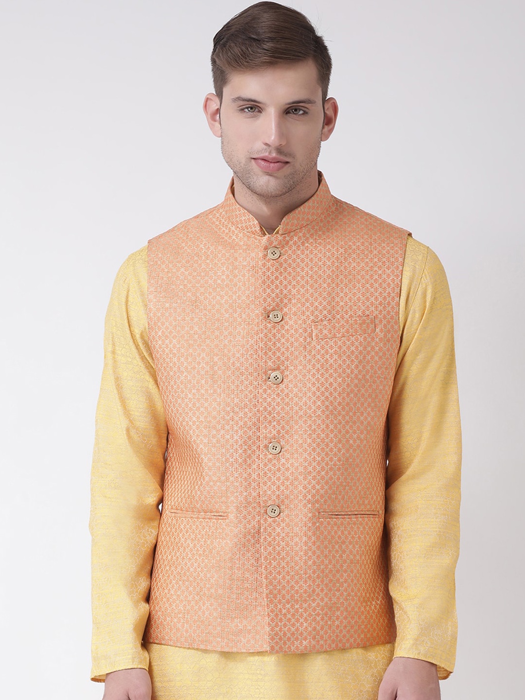 

TABARD Men Orange Woven Design Nehru Jacket