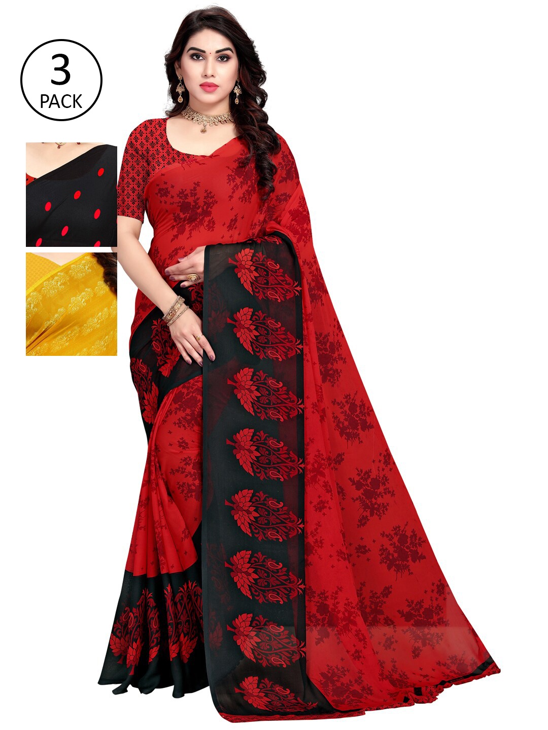 

KALINI Pack Of 3 Poly Georgette Printed Sarees, Black