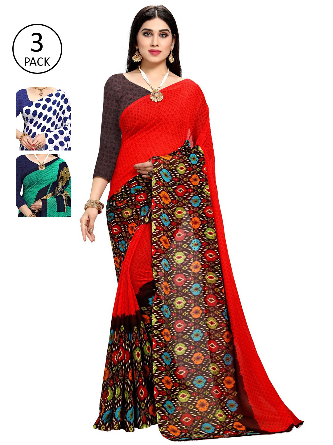 

KALINI Multicoloured Set of 3 Poly Georgette Saree, Multi