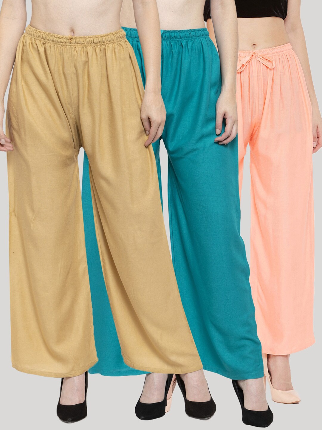 

Clora Creation Women Tan & Teal Set of 3 Knitted Ethnic Palazzos