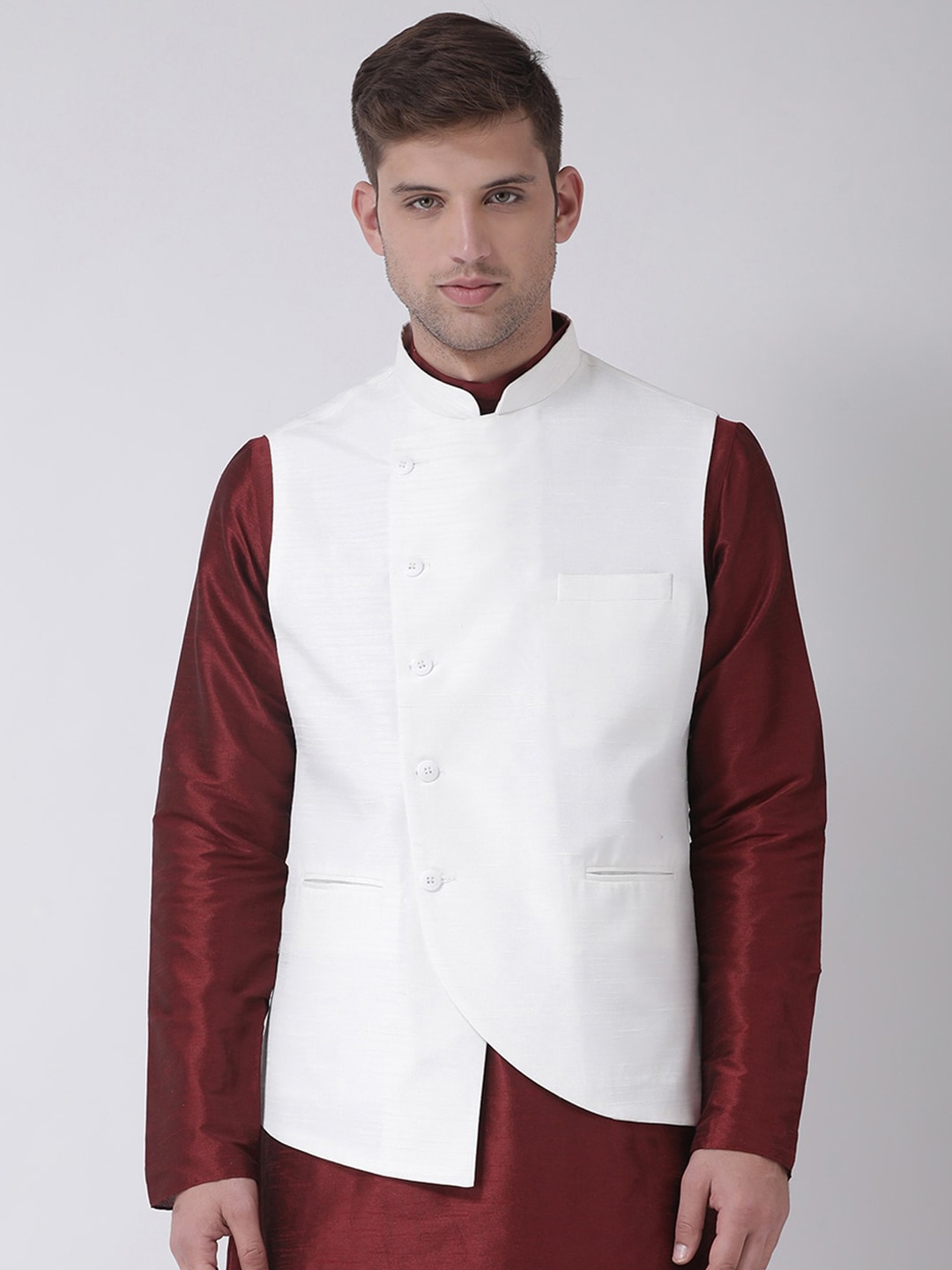 

TABARD Men White Woven Pure Silk Nehru Jacket