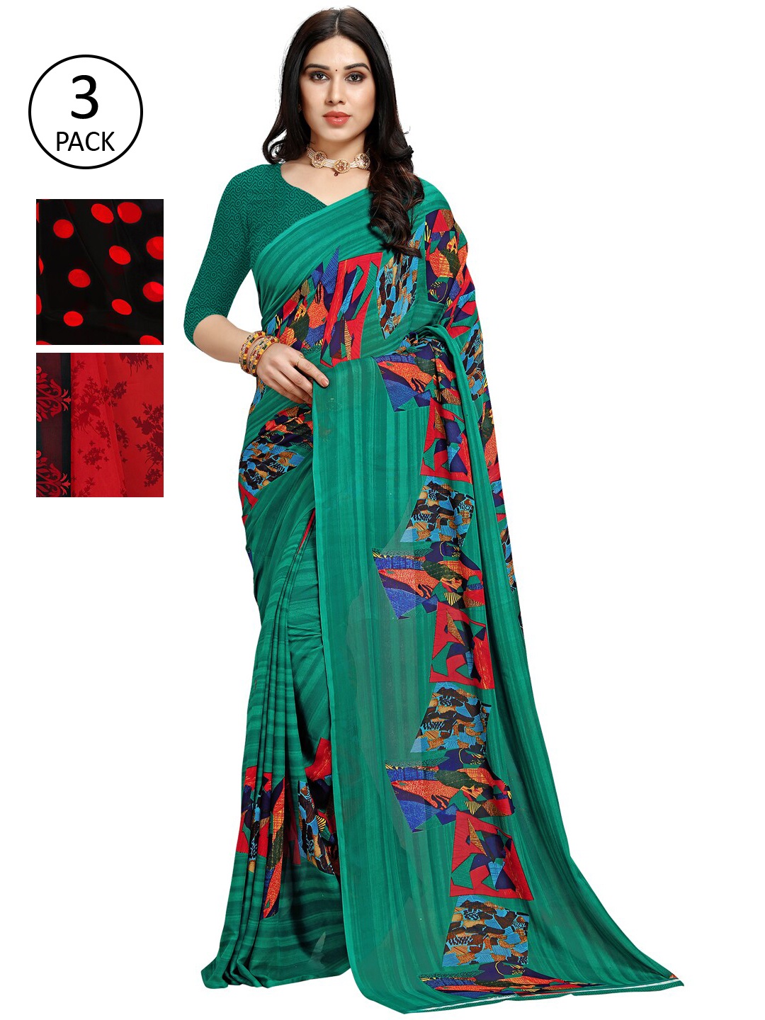 

KALINI Women Pack of 3 Printed Poly Georgette Sarees, Green