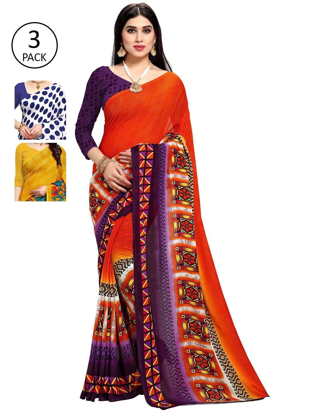 

KALINI Blue & White Paisley Pack of 3 Saree