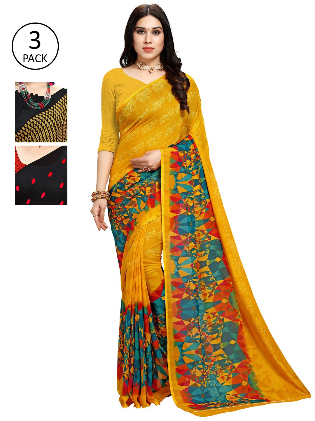 

KALINI Yellow & Khaki Pack of 3 Printed Saree