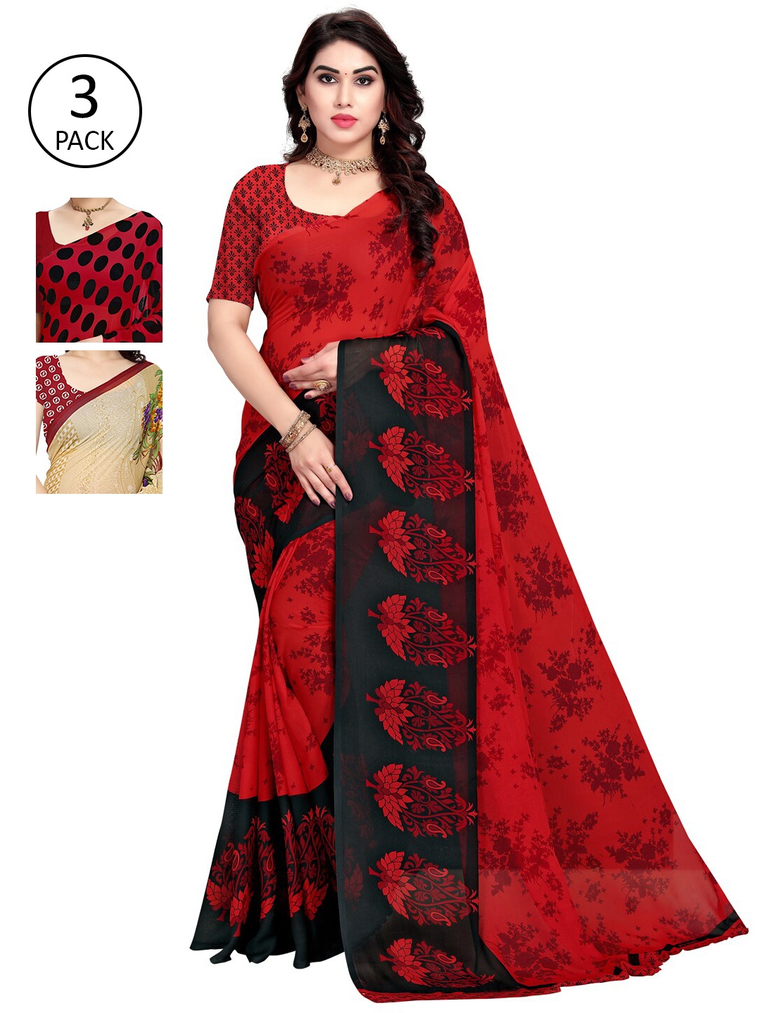 

KALINI Pack of 3 Printed Poly Georgette Sarees, Multi