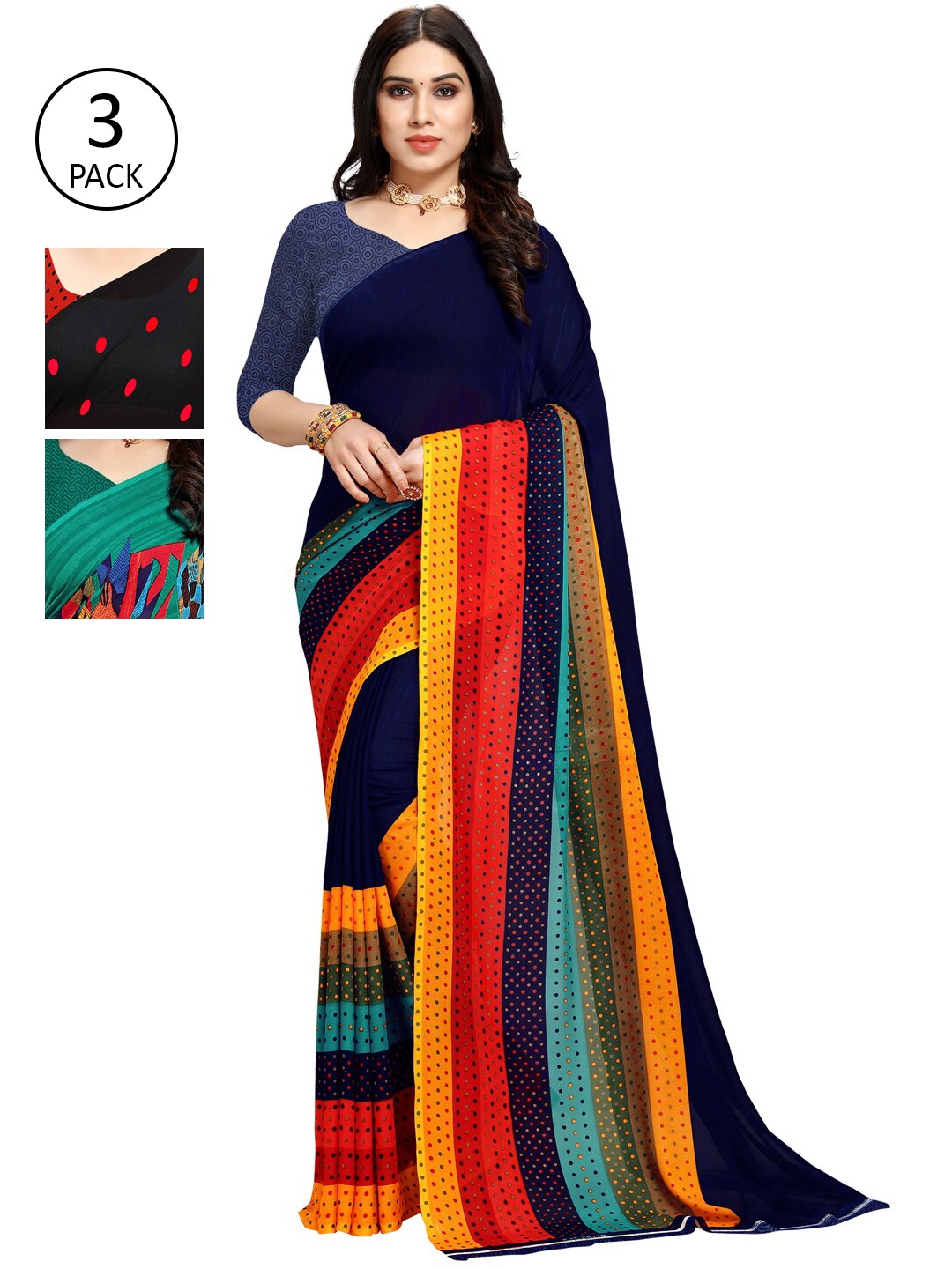 

KALINI Multicoloured Set of 3 Poly Georgette Saree, Multi