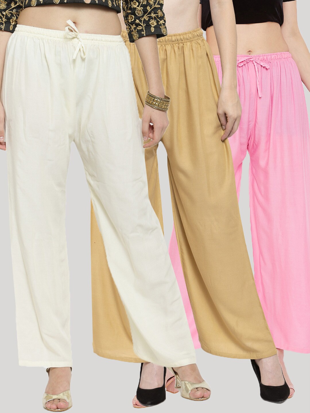 

Clora Creation Women 3 Knitted Palazzos, Off white