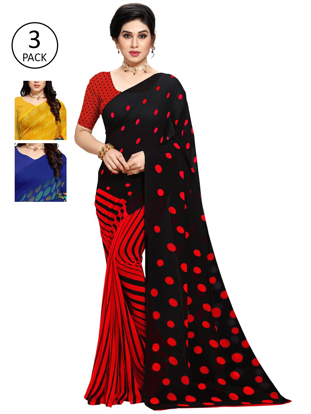 

KALINI Pack of 3 Poly Georgette Printed Sarees, Blue