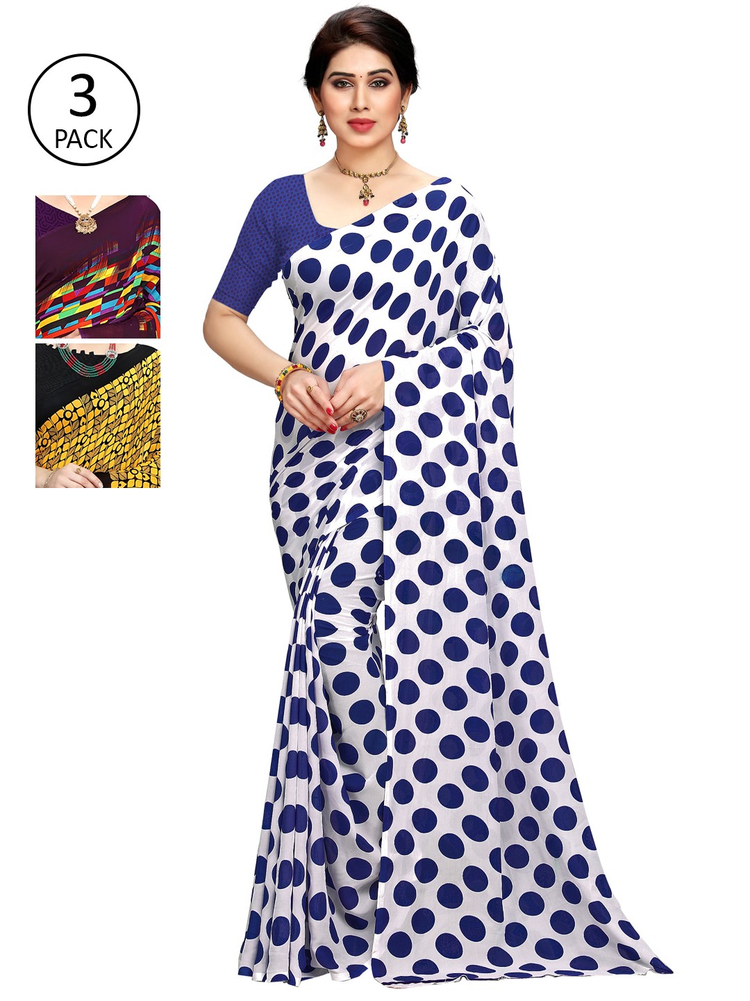 

KALINI Pack of 3 Poly Georgette Sarees, White