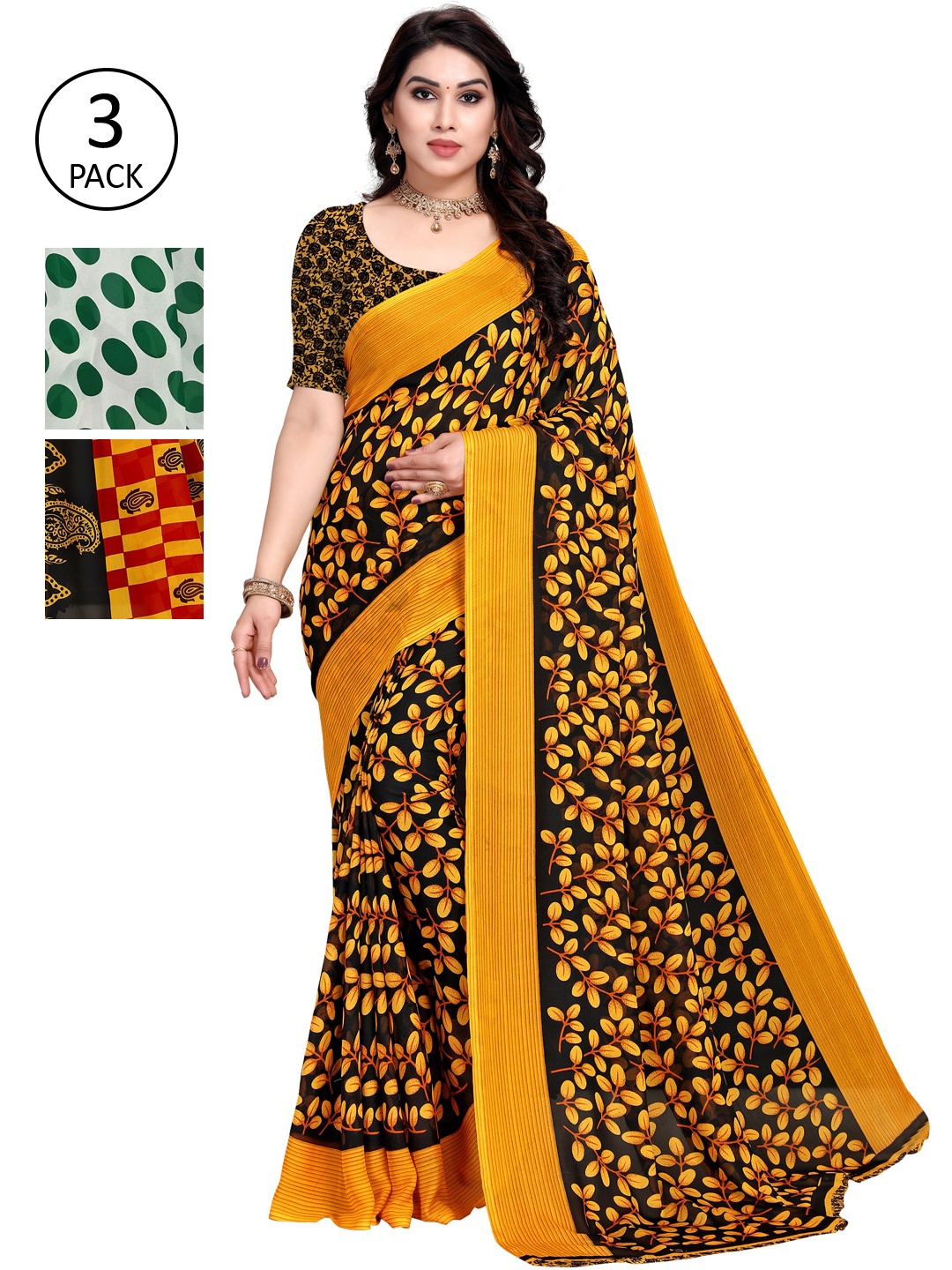 

KALINI Multicoloured Set of 3 Poly Georgette Saree, Multi