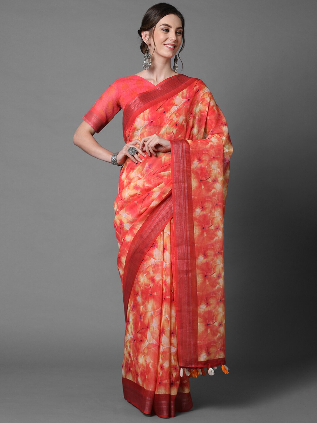 

Mitera Orange & Cream-Coloured Floral Linen Blend Saree