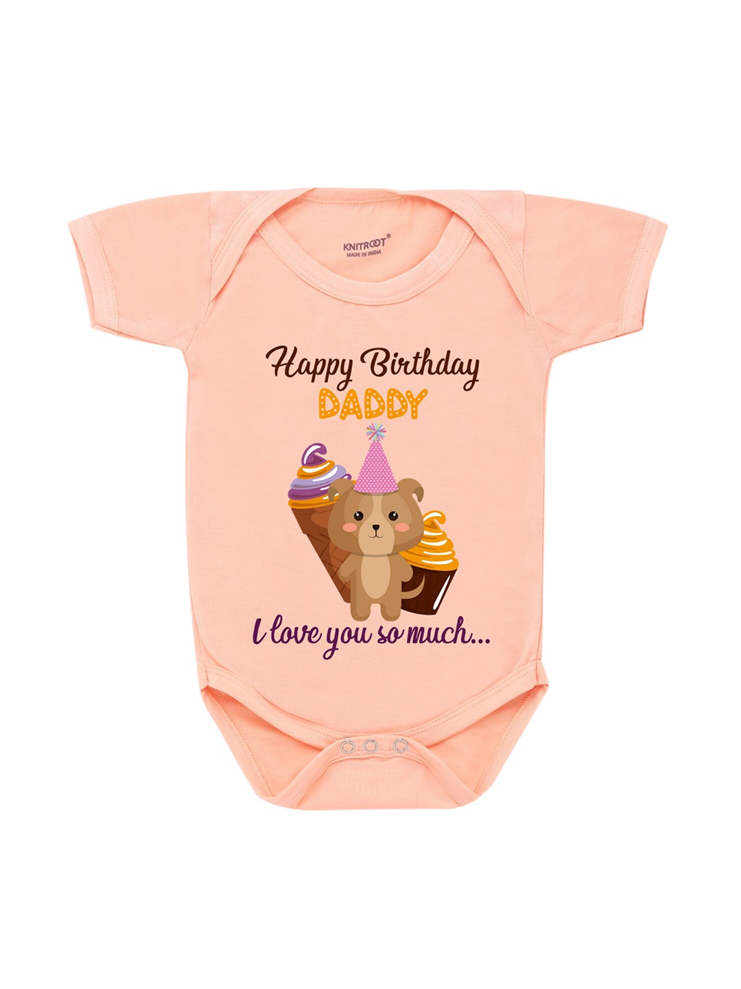 

KNITROOT Infants Peach-Coloured Birthday Dady Cupcake Graphic Printed Bodysuit