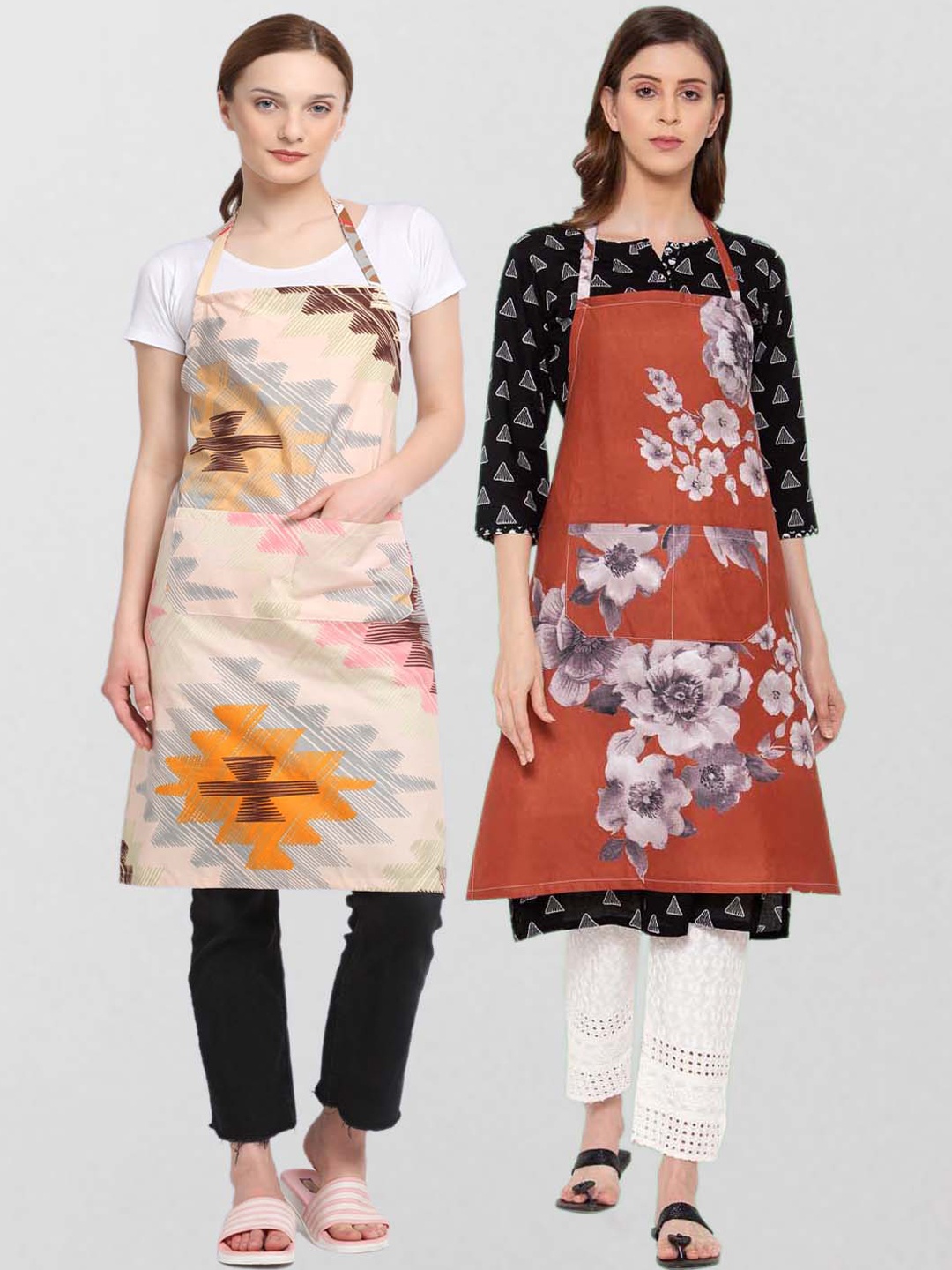 

KLOTTHE Pack Of 2 Printed 210 TC Cotton Aprons, Brown