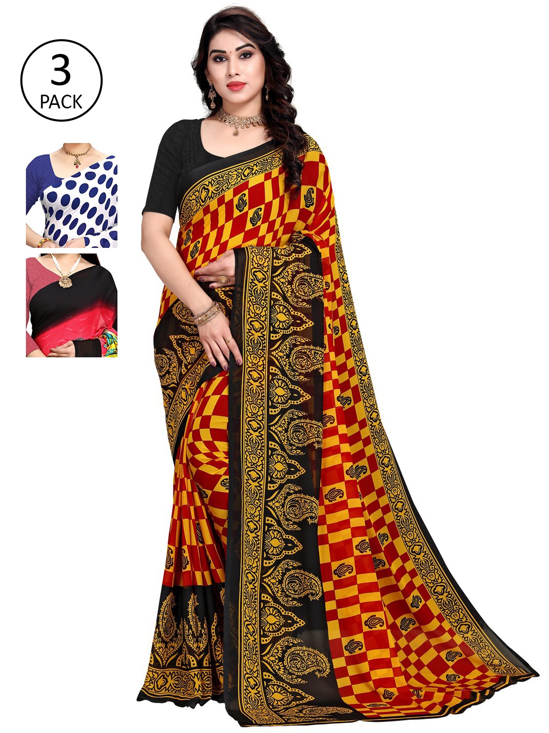 

KALINI Pack Of 3 Poly Georgette Printed Sarees, White