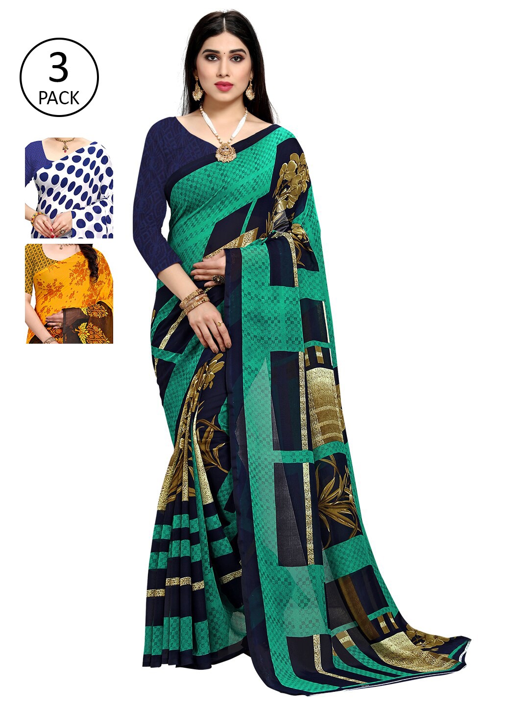 

KALINI Pack Of 3 Yellow & Green Saree