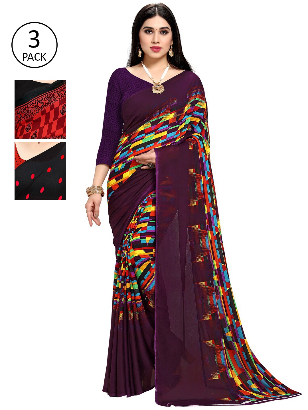 

KALINI Women Pack of 3 Printed Sarees, Black