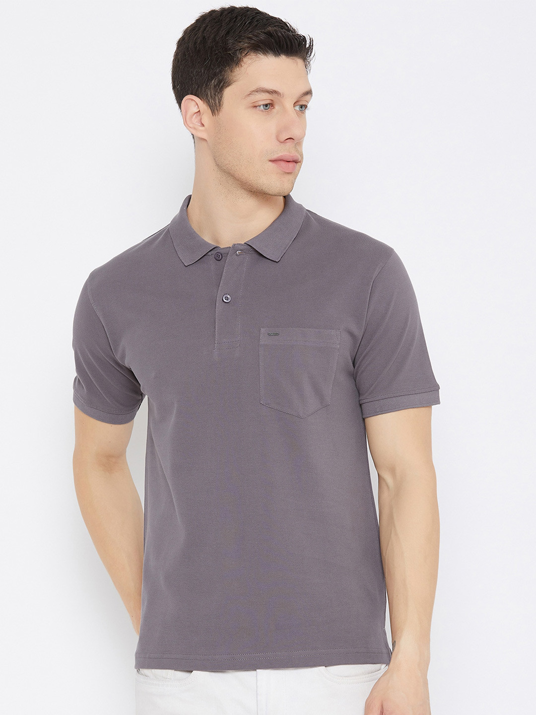 

Okane Men Grey Polo Collar Cotton T-shirt