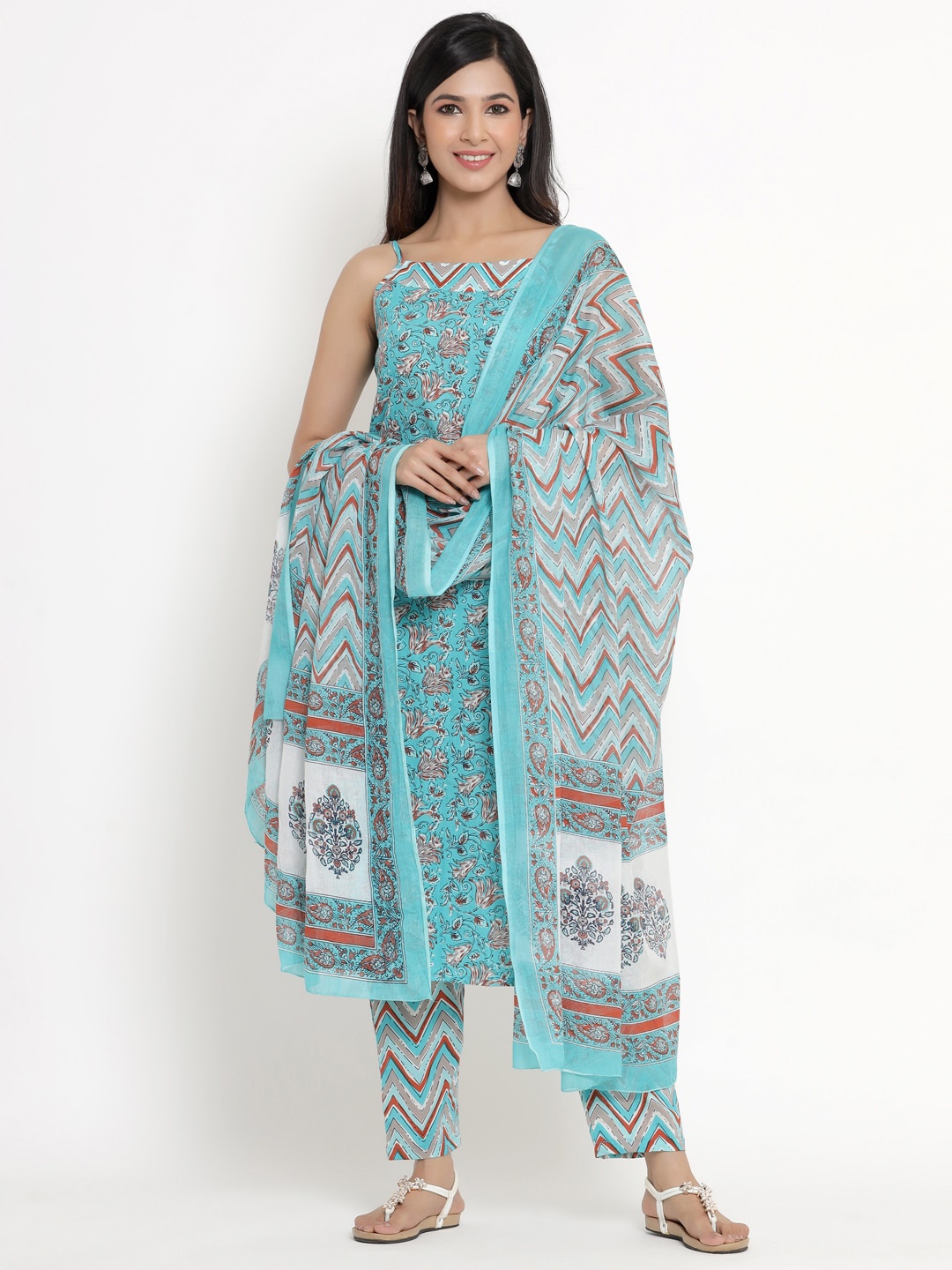

ANAISA Women Blue Ethnic Motifs Yoke Design Pure Cotton Kurta with Trousers & With Dupatta