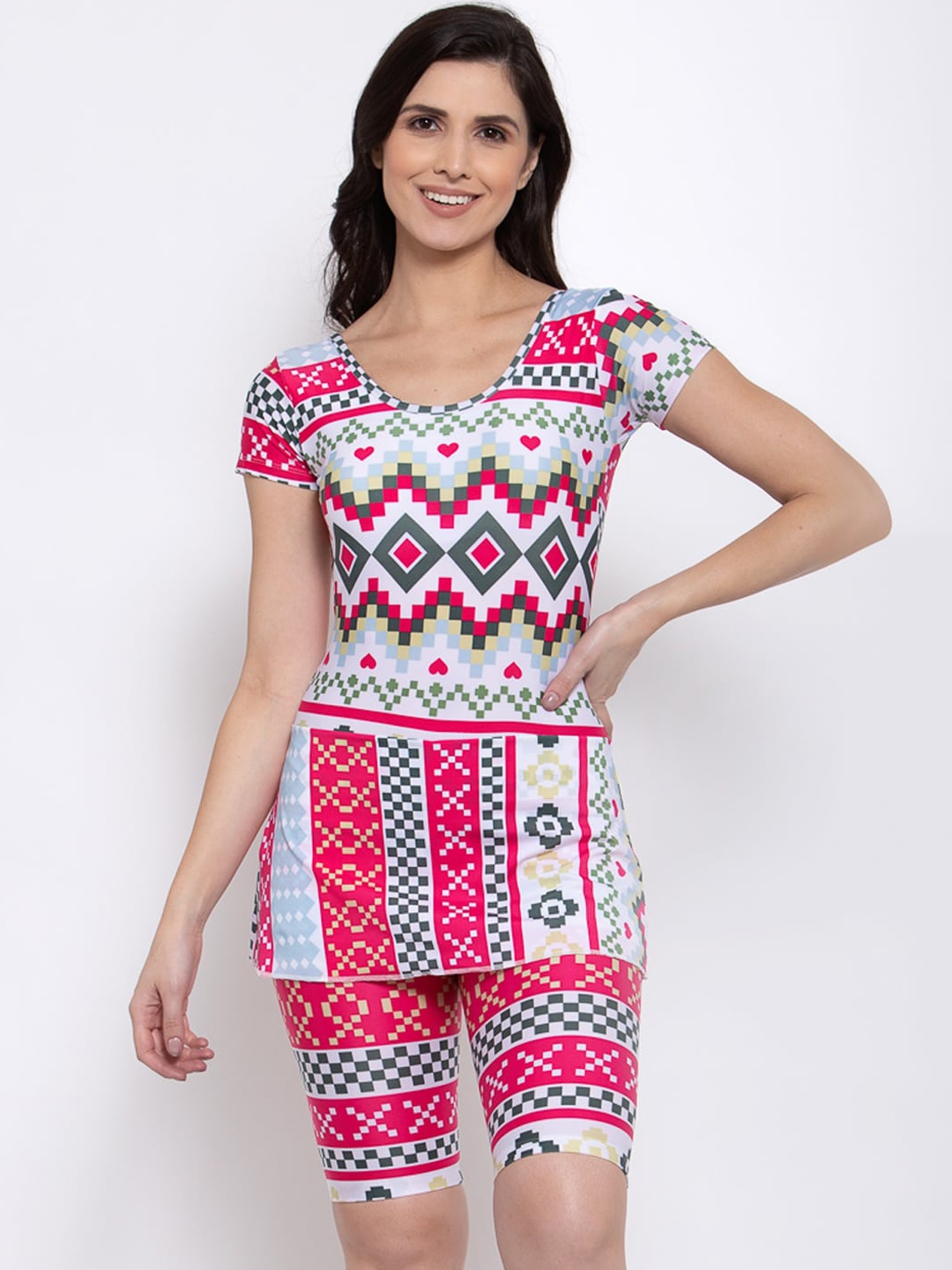 

CUKOO Women Pink & White Geometric Printed Comfort-Fit Pantsuit With Attached Shorts