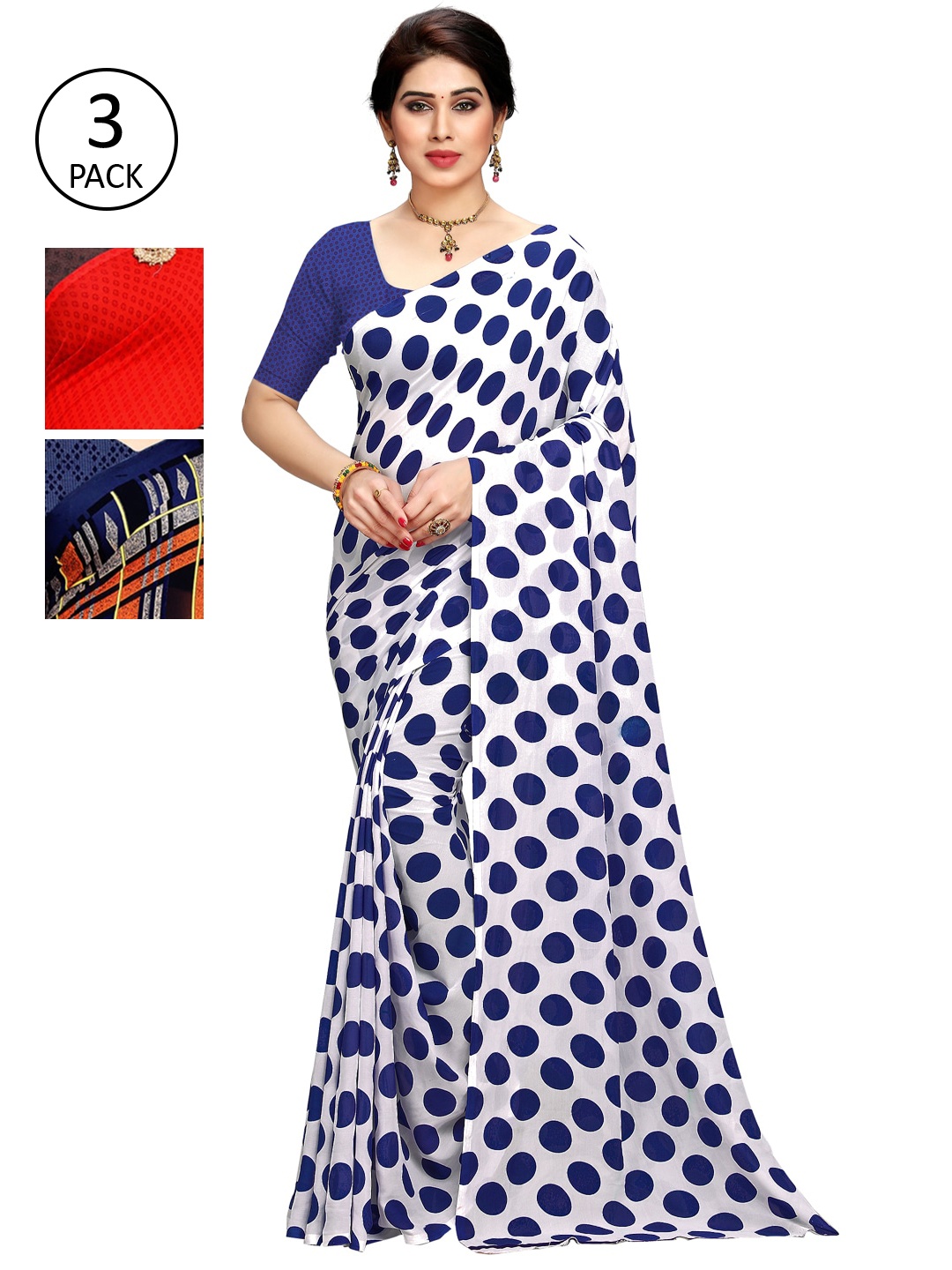 

KALINI White & Red Pack of 3 Printed Saree