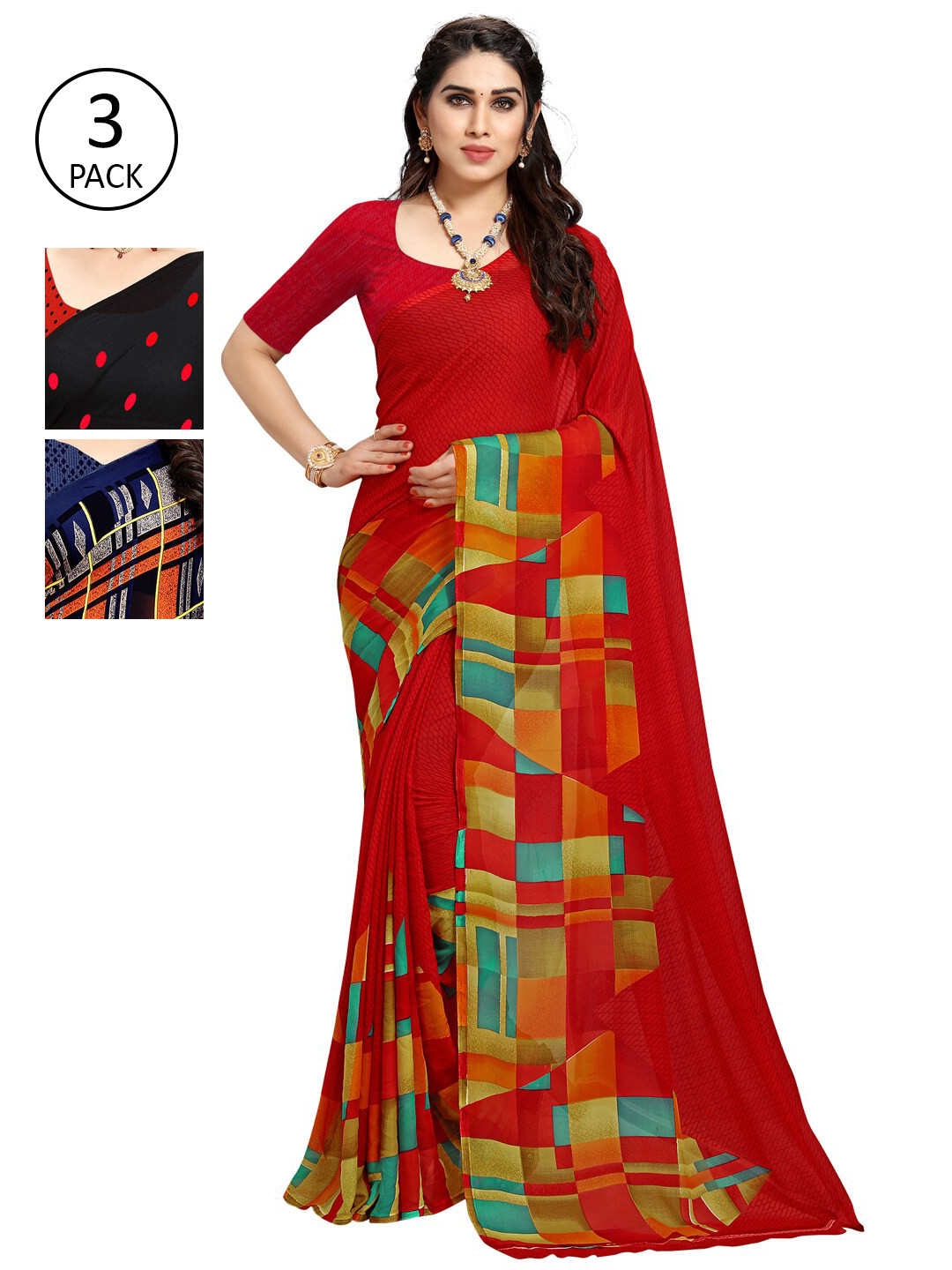 

KALINI Pack of 3 Poly Georgette Sarees, Red
