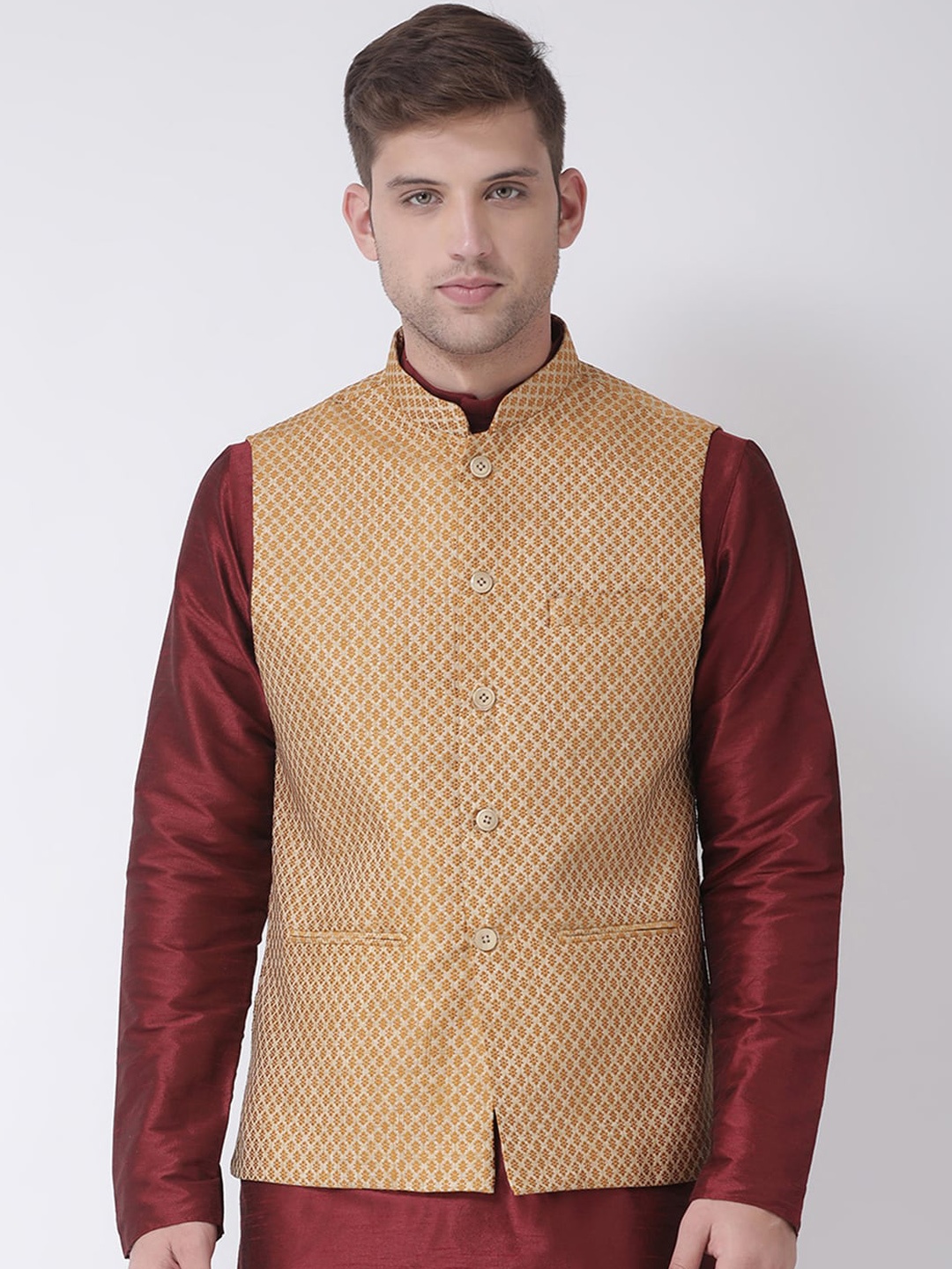 

TABARD Men Beige Woven Design Nehru Jacket