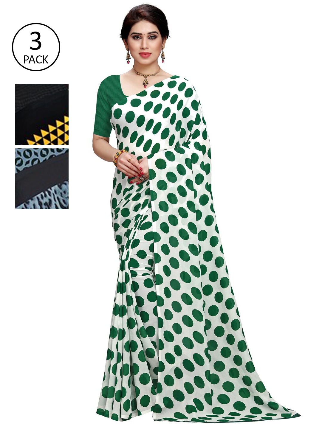 

KALINI Pack of 3 Poly Geirgette Printed Sarees, White