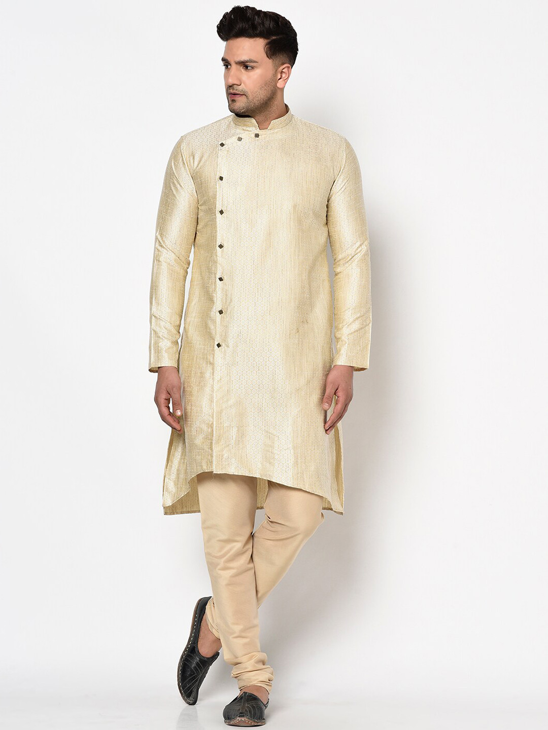 

TABARD Men Cream Jacquard Woven Design Angrakha Kurta with Churidar
